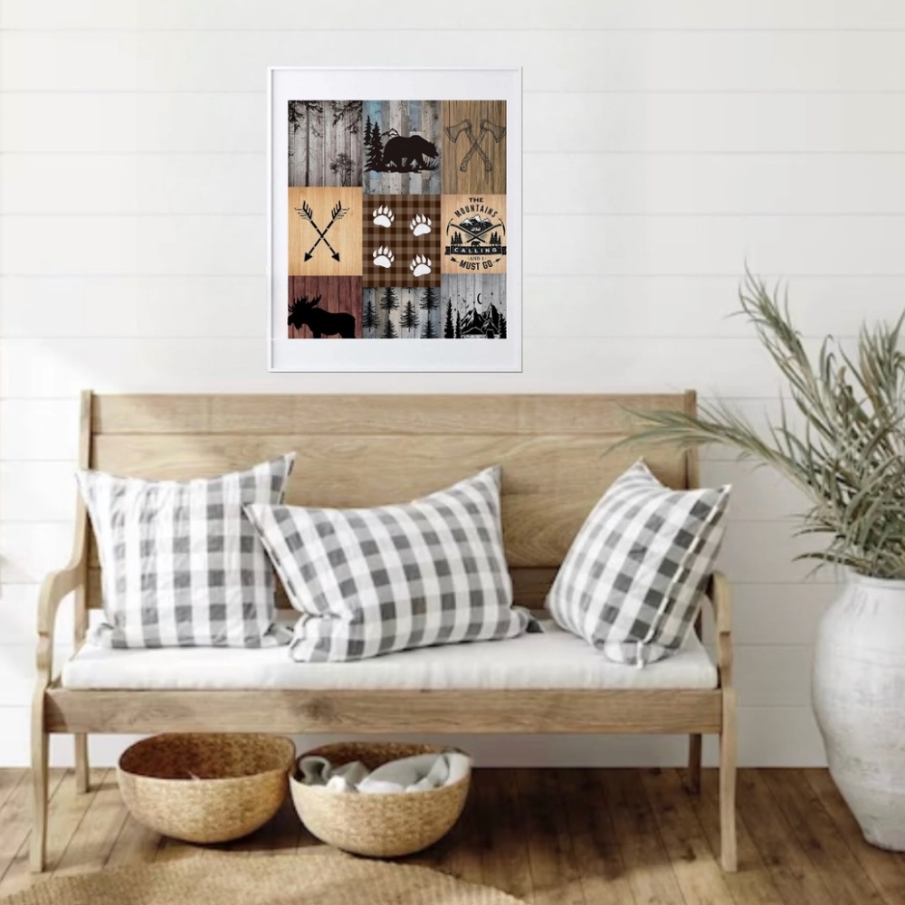 12x15 Framed Bold Farmhouse Western Rustic Theme Fabric Textile Wall Art